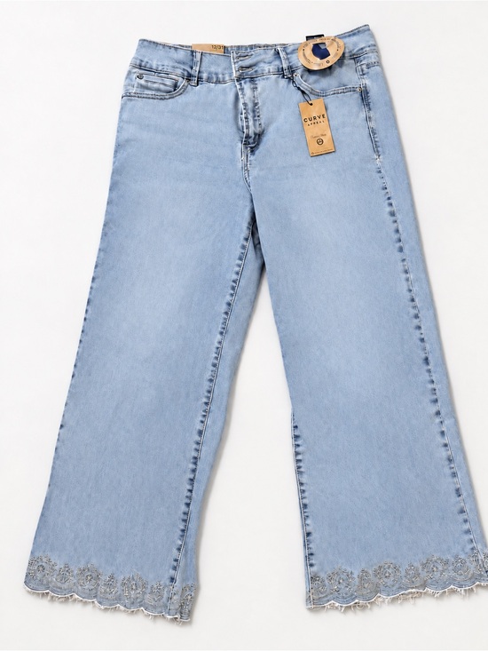 Curve Appeal Denim - Curve Appeal Light Blue Wide Leg Jeans with Scalloped Embroidered Hem 12/31